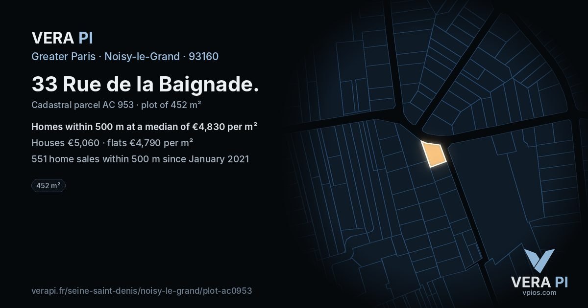 33 Rue de la Baignade, Noisy-le-Grand at night – the plot lit, the parcels around coloured by the prices near them