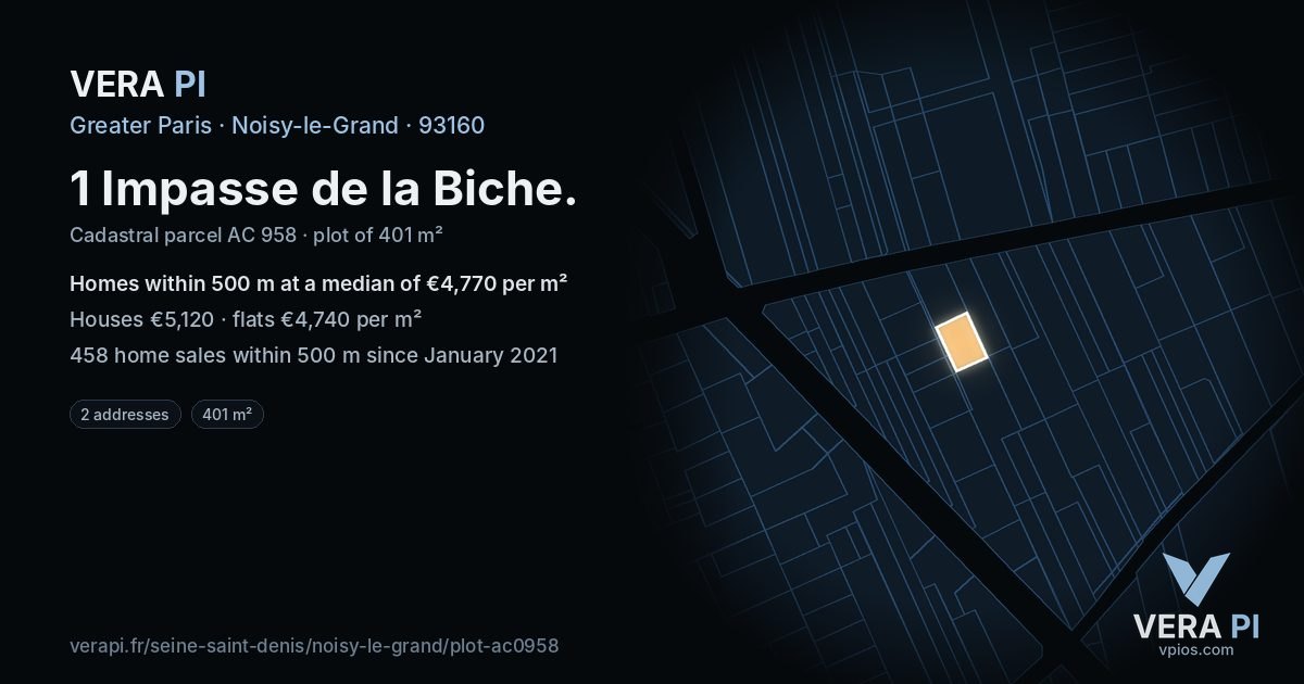 1 Impasse de la Biche, Noisy-le-Grand at night – the plot lit, the parcels around coloured by the prices near them