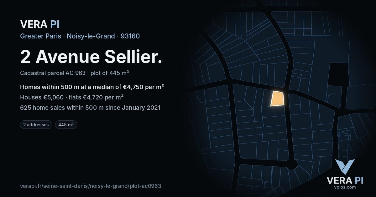 2 Avenue Sellier, Noisy-le-Grand at night – the plot lit, the parcels around coloured by the prices near them