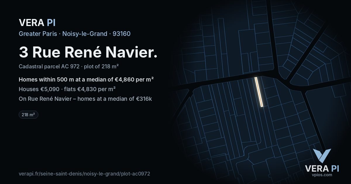 3 Rue René Navier, Noisy-le-Grand at night – the plot lit, the parcels around coloured by the prices near them
