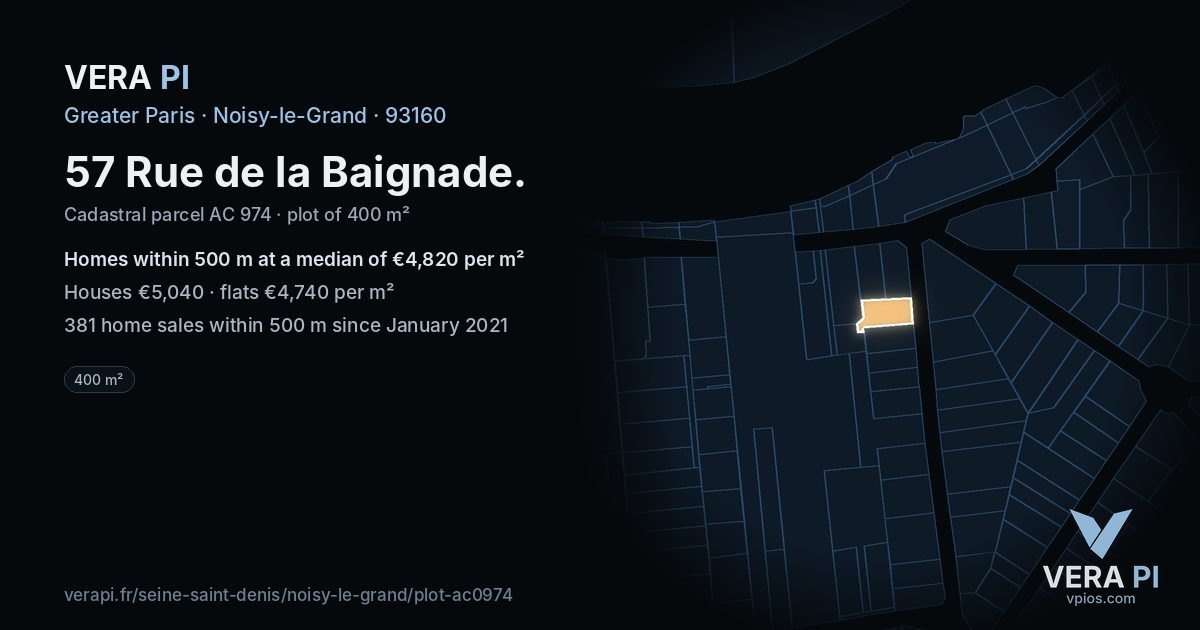 57 Rue de la Baignade, Noisy-le-Grand at night – the plot lit, the parcels around coloured by the prices near them