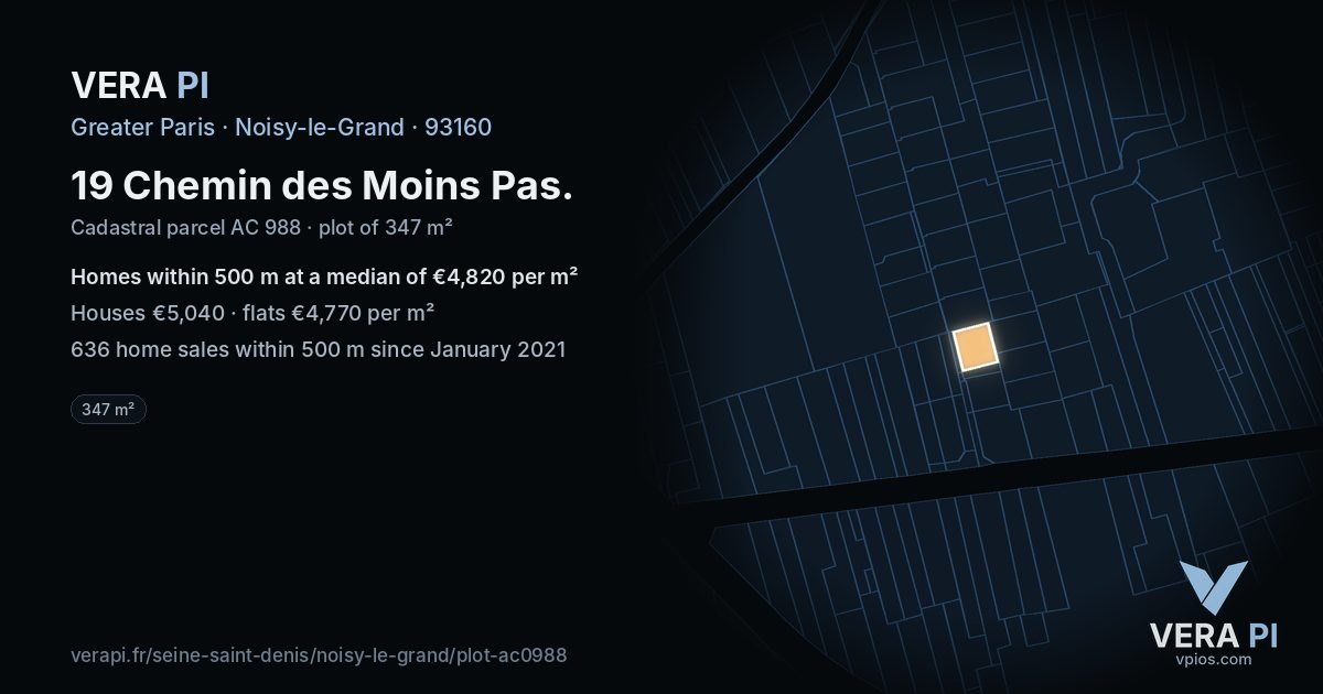 19 Chemin des Moins Pas, Noisy-le-Grand at night – the plot lit, the parcels around coloured by the prices near them