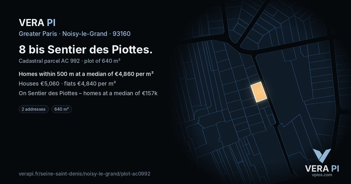 8 bis Sentier des Piottes, Noisy-le-Grand at night – the plot lit, the parcels around coloured by the prices near them