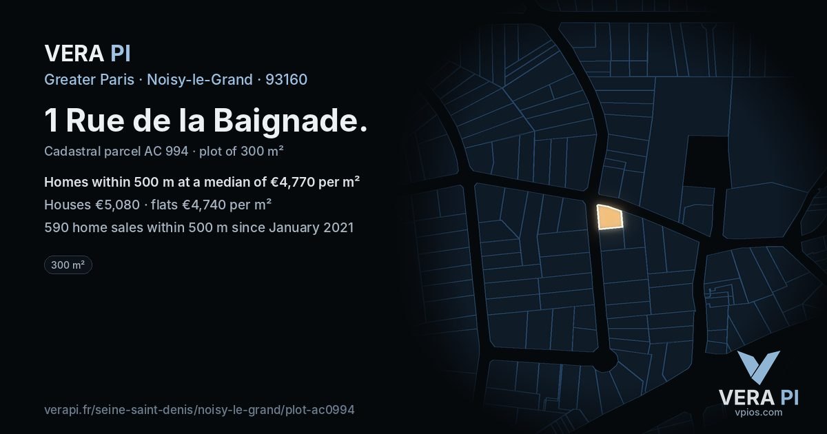 1 Rue de la Baignade, Noisy-le-Grand at night – the plot lit, the parcels around coloured by the prices near them