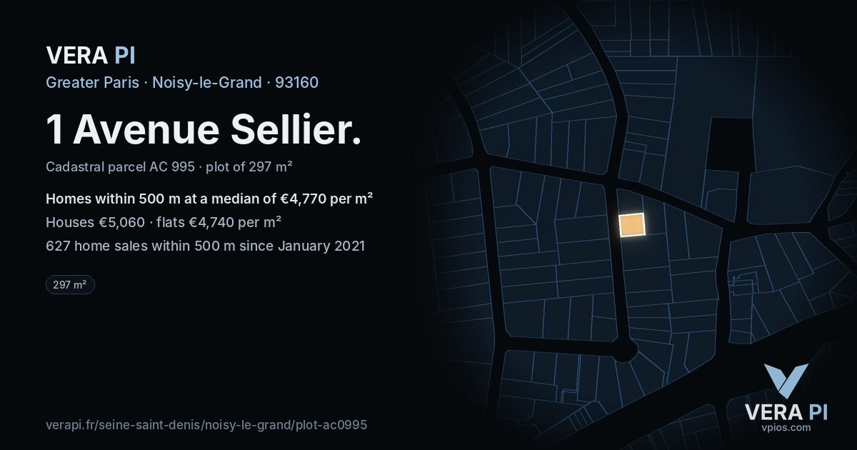1 Avenue Sellier, Noisy-le-Grand at night – the plot lit, the parcels around coloured by the prices near them