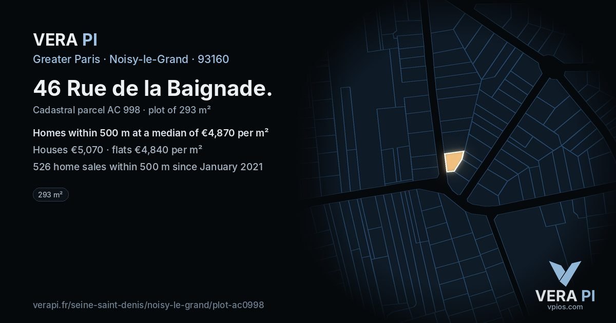 46 Rue de la Baignade, Noisy-le-Grand at night – the plot lit, the parcels around coloured by the prices near them