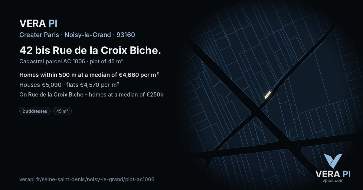 42 bis Rue de la Croix Biche, Noisy-le-Grand at night – the plot lit, the parcels around coloured by the prices near them
