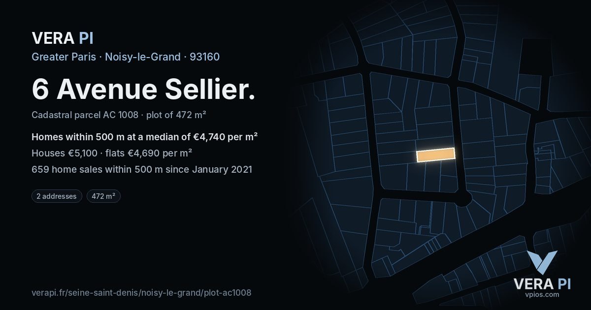 6 Avenue Sellier, Noisy-le-Grand at night – the plot lit, the parcels around coloured by the prices near them