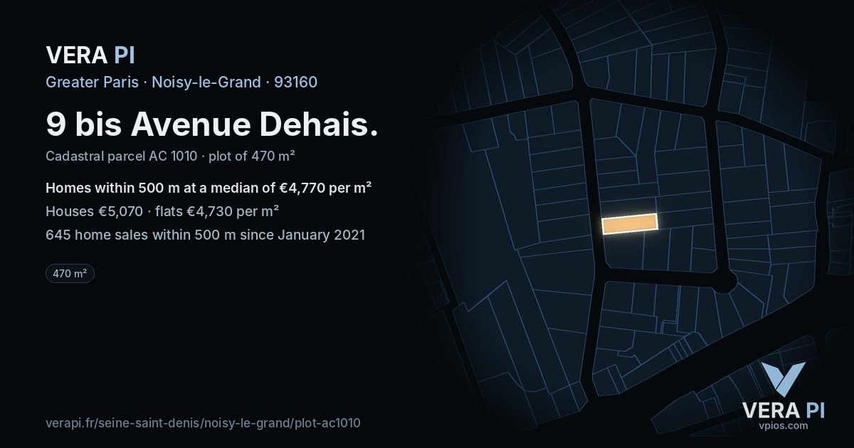 9 bis Avenue Dehais, Noisy-le-Grand at night – the plot lit, the parcels around coloured by the prices near them