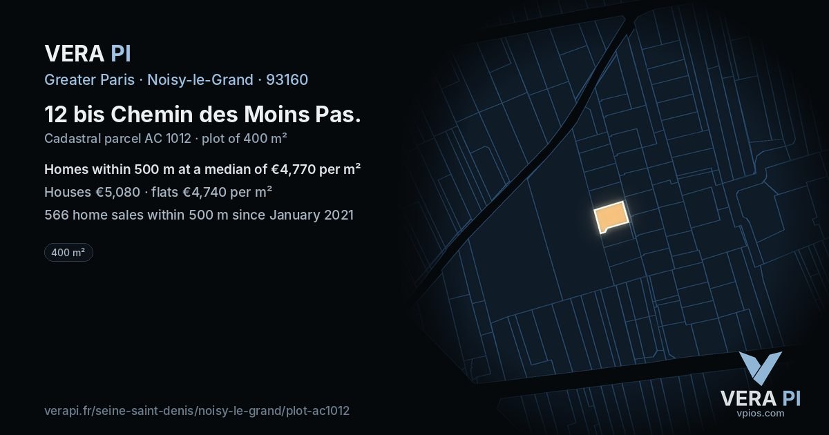 12 bis Chemin des Moins Pas, Noisy-le-Grand at night – the plot lit, the parcels around coloured by the prices near them
