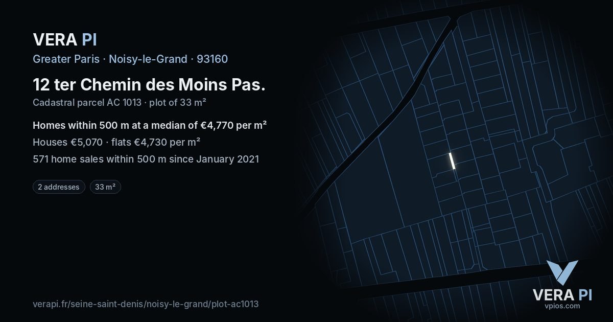12 ter Chemin des Moins Pas, Noisy-le-Grand at night – the plot lit, the parcels around coloured by the prices near them