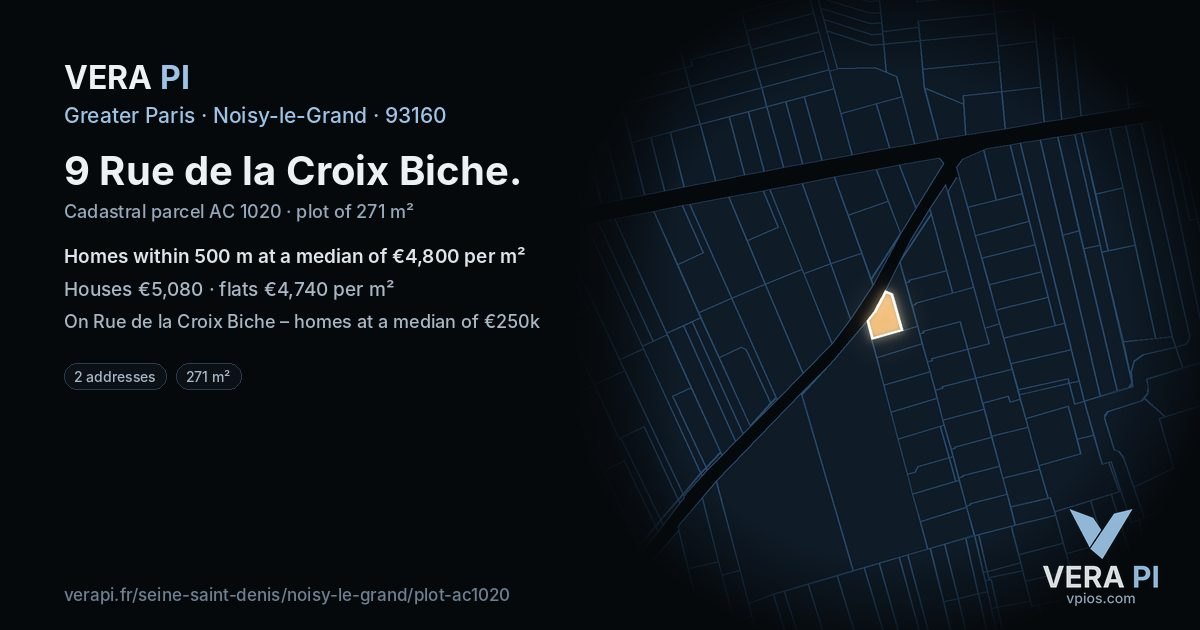 9 Rue de la Croix Biche, Noisy-le-Grand at night – the plot lit, the parcels around coloured by the prices near them
