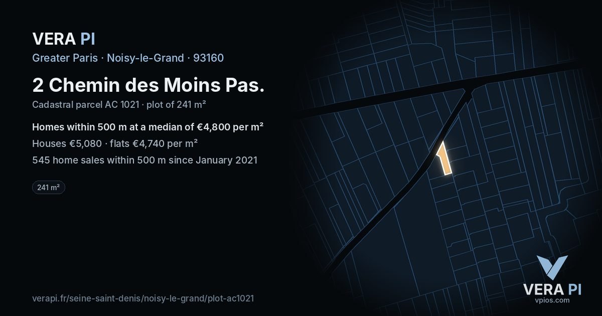 2 Chemin des Moins Pas, Noisy-le-Grand at night – the plot lit, the parcels around coloured by the prices near them