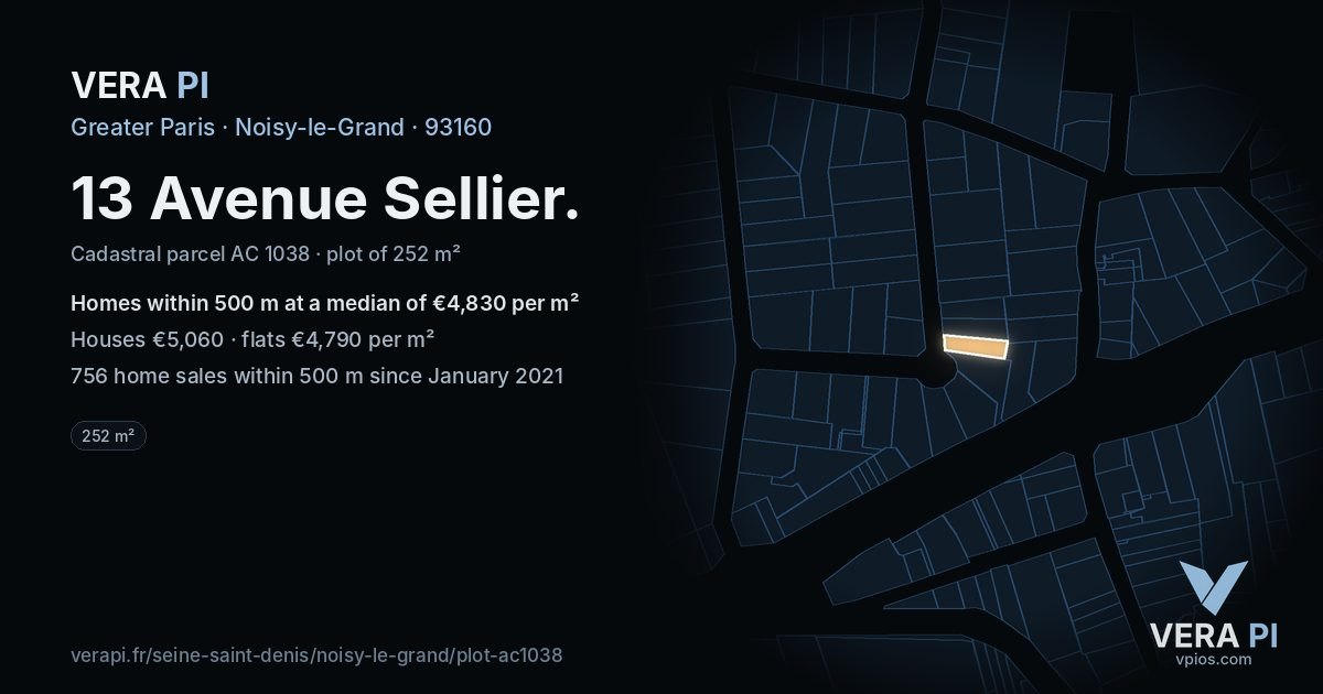13 Avenue Sellier, Noisy-le-Grand at night – the plot lit, the parcels around coloured by the prices near them