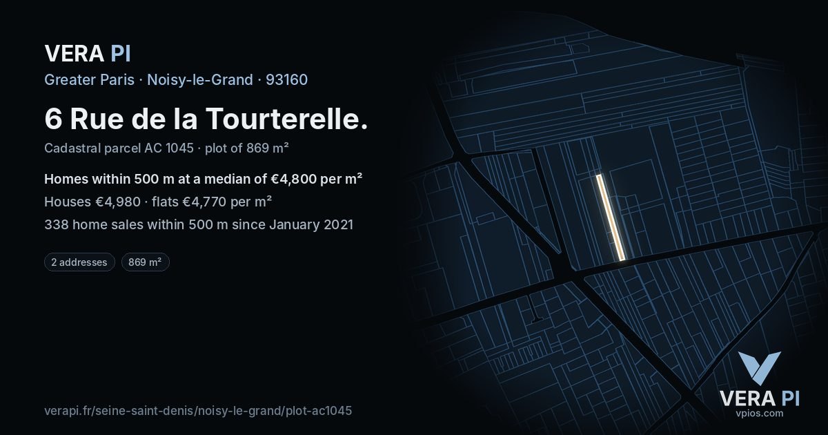 6 Rue de la Tourterelle, Noisy-le-Grand at night – the plot lit, the parcels around coloured by the prices near them