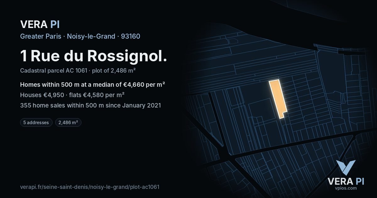 1 Rue du Rossignol, Noisy-le-Grand at night – the plot lit, the parcels around coloured by the prices near them
