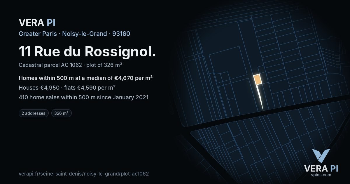 11 Rue du Rossignol, Noisy-le-Grand at night – the plot lit, the parcels around coloured by the prices near them