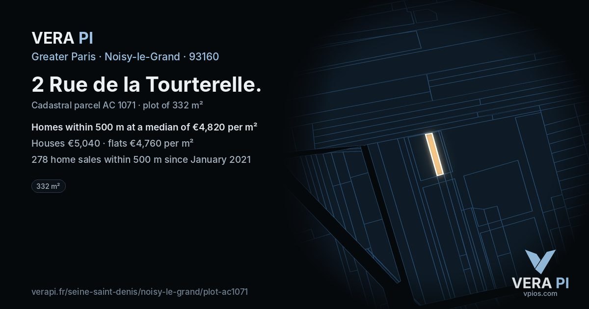 2 Rue de la Tourterelle, Noisy-le-Grand at night – the plot lit, the parcels around coloured by the prices near them