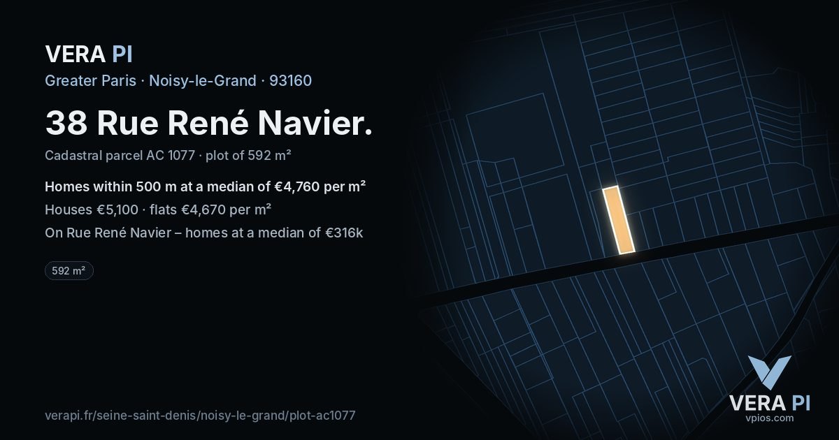 38 Rue René Navier, Noisy-le-Grand at night – the plot lit, the parcels around coloured by the prices near them