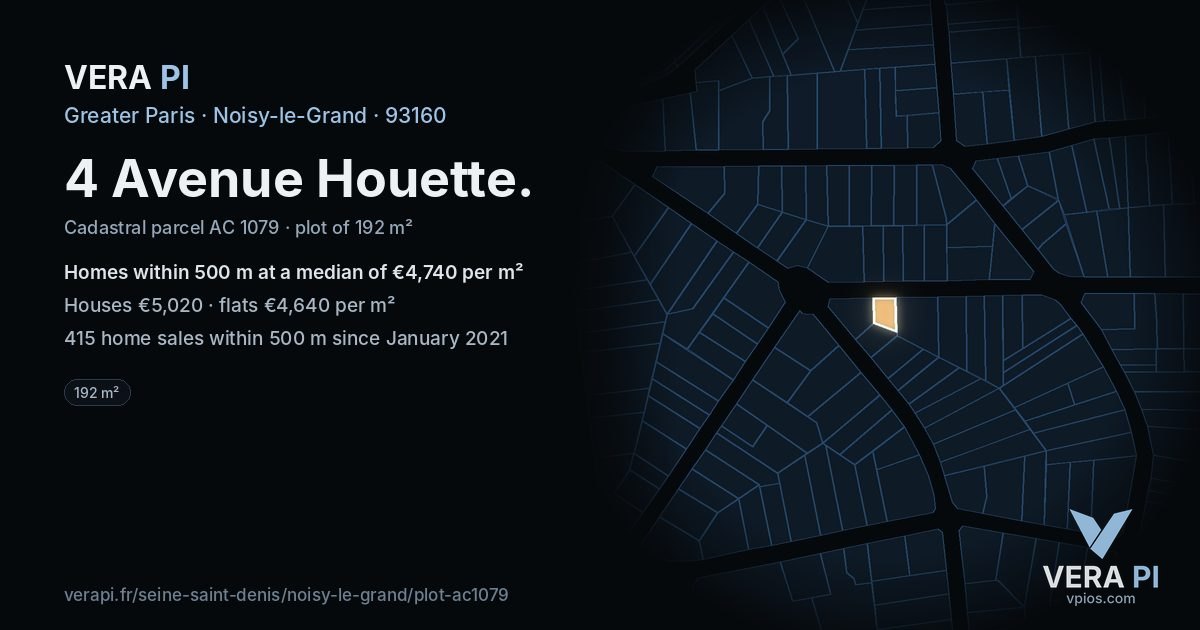 4 Avenue Houette, Noisy-le-Grand at night – the plot lit, the parcels around coloured by the prices near them