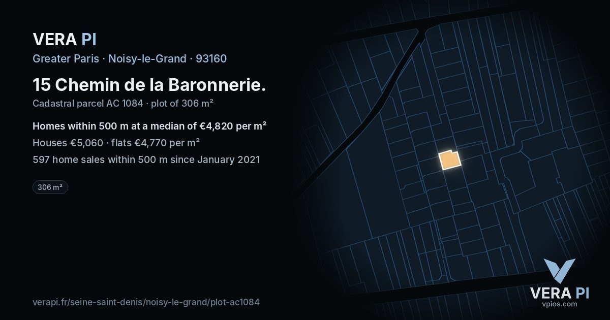15 Chemin de la Baronnerie, Noisy-le-Grand at night – the plot lit, the parcels around coloured by the prices near them