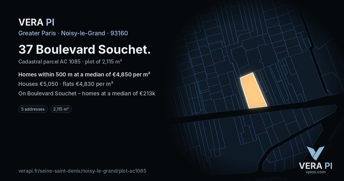 37 Boulevard Souchet, Noisy-le-Grand at night – the plot lit, the parcels around coloured by the prices near them