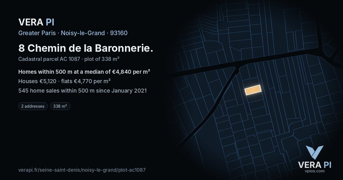 8 Chemin de la Baronnerie, Noisy-le-Grand at night – the plot lit, the parcels around coloured by the prices near them