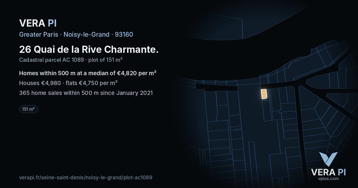 26 Quai de la Rive Charmante, Noisy-le-Grand at night – the plot lit, the parcels around coloured by the prices near them