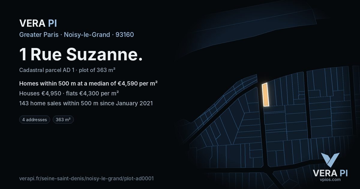 1 Rue Suzanne, Noisy-le-Grand at night – the plot lit, the parcels around coloured by the prices near them
