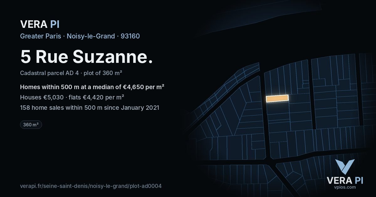 5 Rue Suzanne, Noisy-le-Grand at night – the plot lit, the parcels around coloured by the prices near them