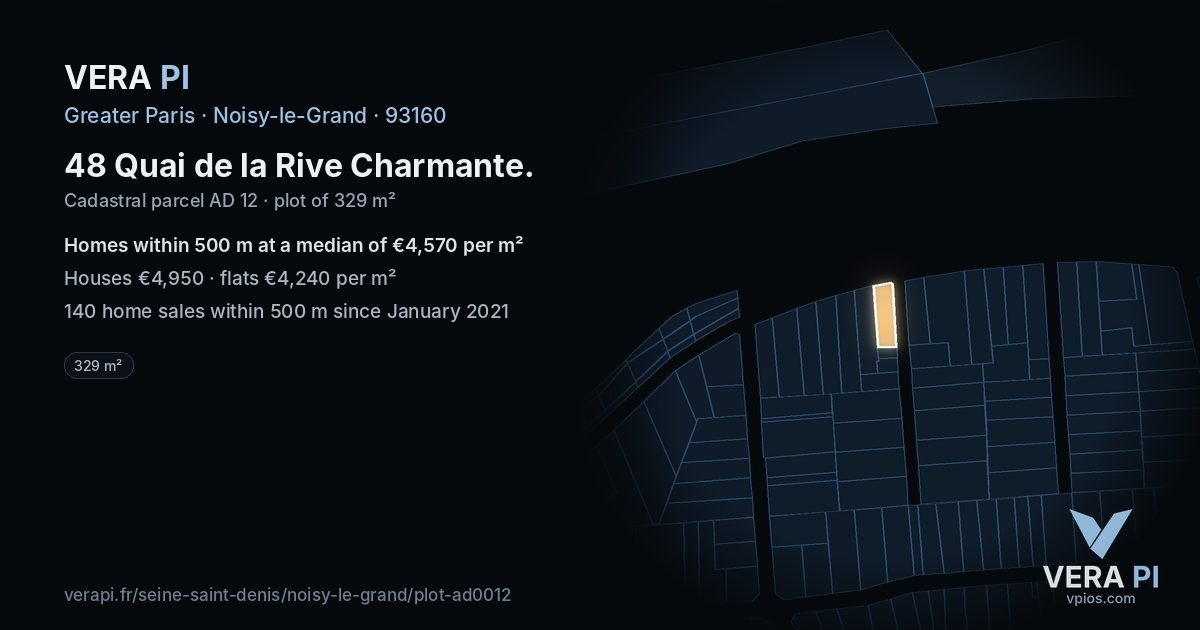 48 Quai de la Rive Charmante, Noisy-le-Grand at night – the plot lit, the parcels around coloured by the prices near them