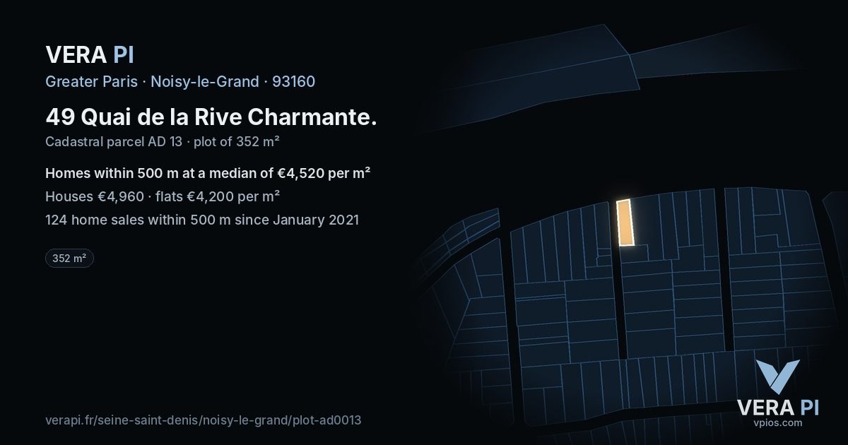 49 Quai de la Rive Charmante, Noisy-le-Grand at night – the plot lit, the parcels around coloured by the prices near them
