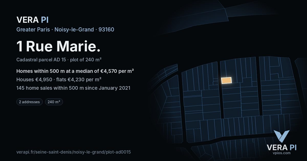 1 Rue Marie, Noisy-le-Grand at night – the plot lit, the parcels around coloured by the prices near them