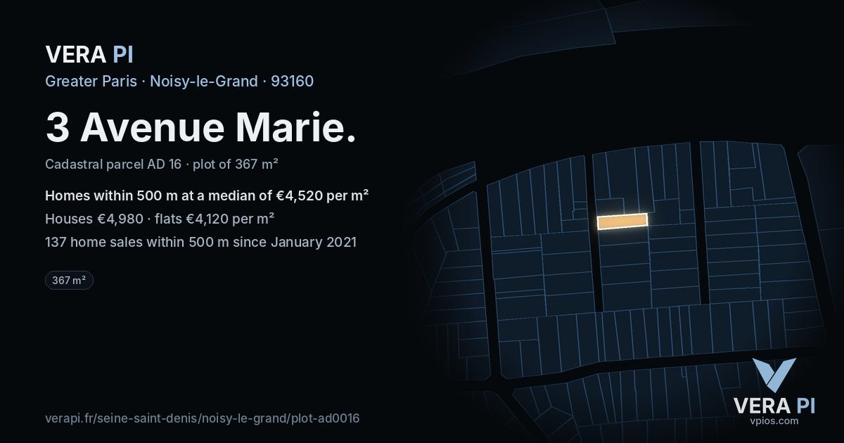3 Avenue Marie, Noisy-le-Grand at night – the plot lit, the parcels around coloured by the prices near them