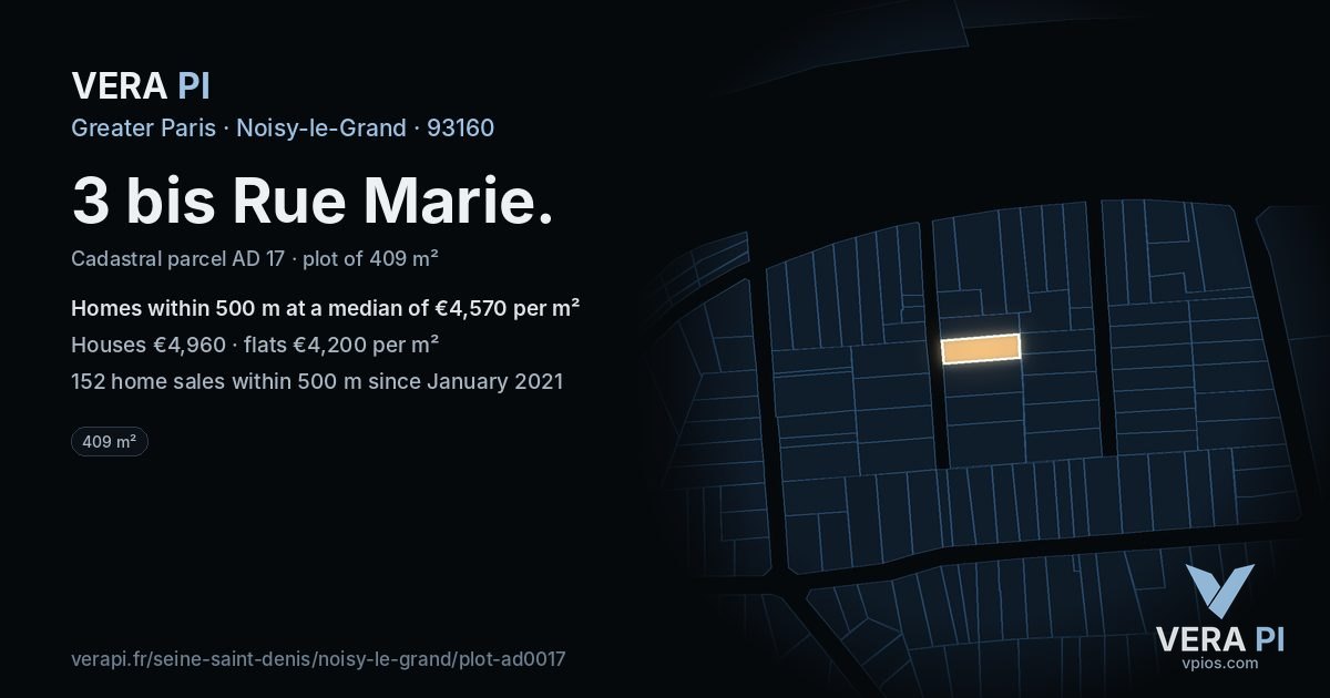 3 bis Rue Marie, Noisy-le-Grand at night – the plot lit, the parcels around coloured by the prices near them