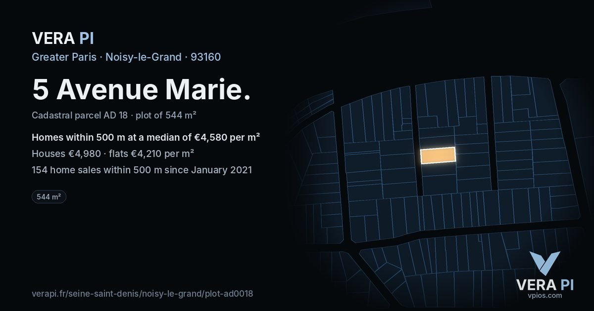 5 Avenue Marie, Noisy-le-Grand at night – the plot lit, the parcels around coloured by the prices near them