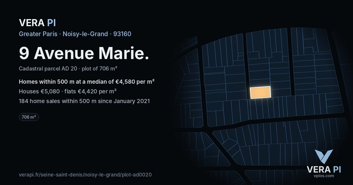 9 Avenue Marie, Noisy-le-Grand at night – the plot lit, the parcels around coloured by the prices near them