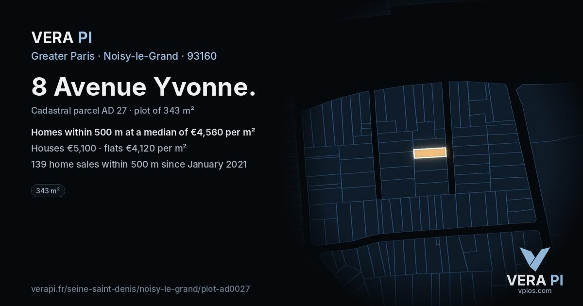 8 Avenue Yvonne, Noisy-le-Grand at night – the plot lit, the parcels around coloured by the prices near them