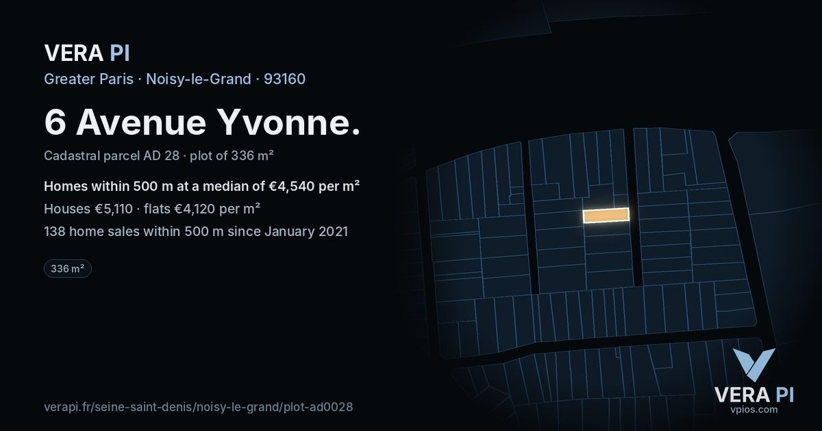 6 Avenue Yvonne, Noisy-le-Grand at night – the plot lit, the parcels around coloured by the prices near them
