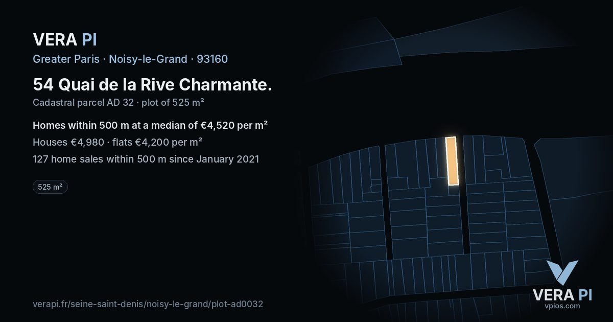 54 Quai de la Rive Charmante, Noisy-le-Grand at night – the plot lit, the parcels around coloured by the prices near them