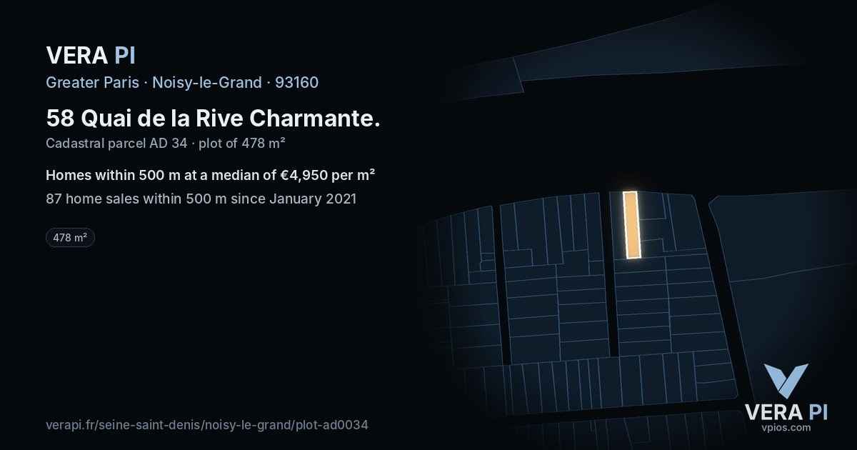 58 Quai de la Rive Charmante, Noisy-le-Grand at night – the plot lit, the parcels around coloured by the prices near them