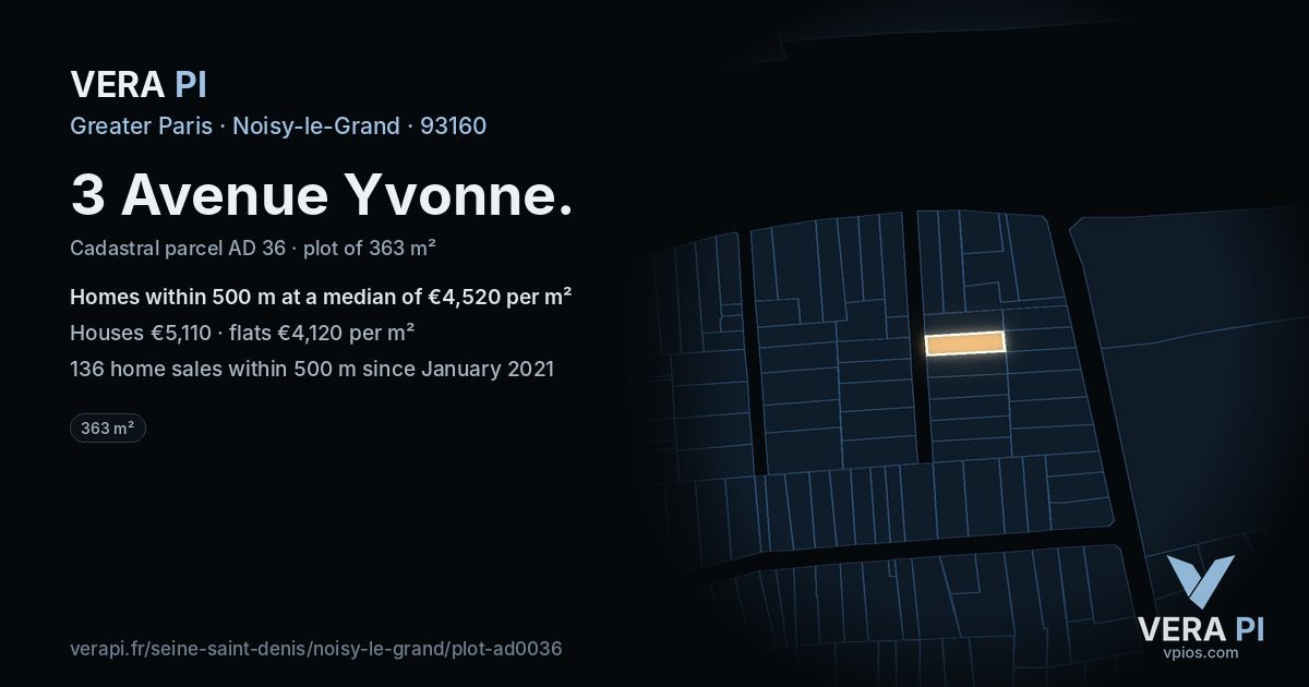 3 Avenue Yvonne, Noisy-le-Grand at night – the plot lit, the parcels around coloured by the prices near them