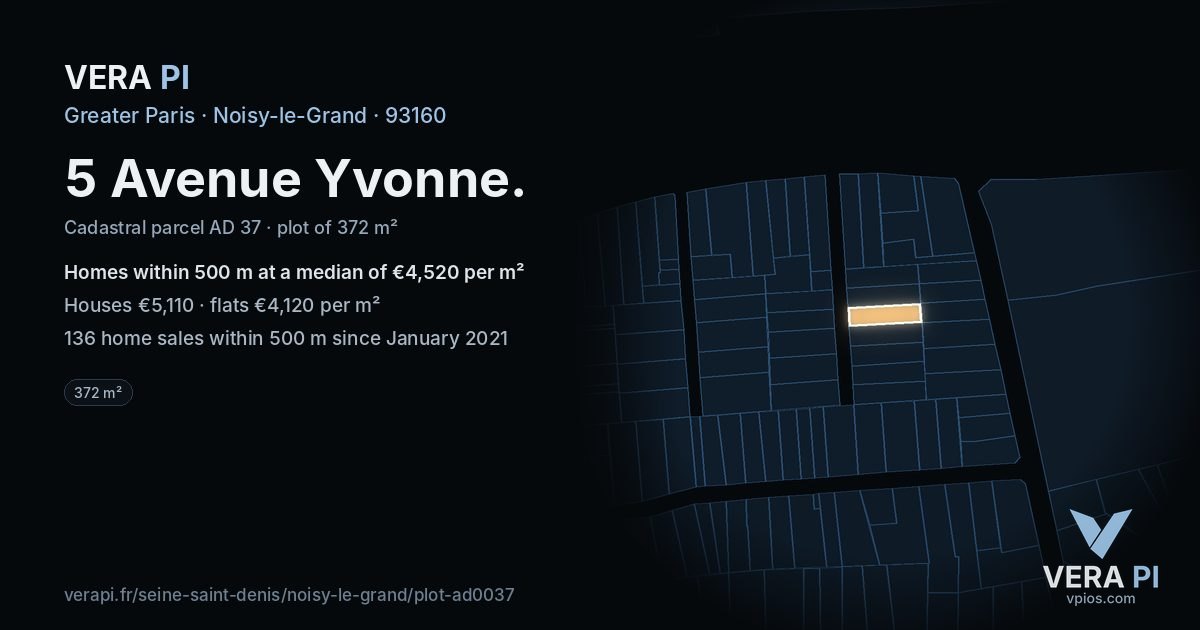 5 Avenue Yvonne, Noisy-le-Grand at night – the plot lit, the parcels around coloured by the prices near them
