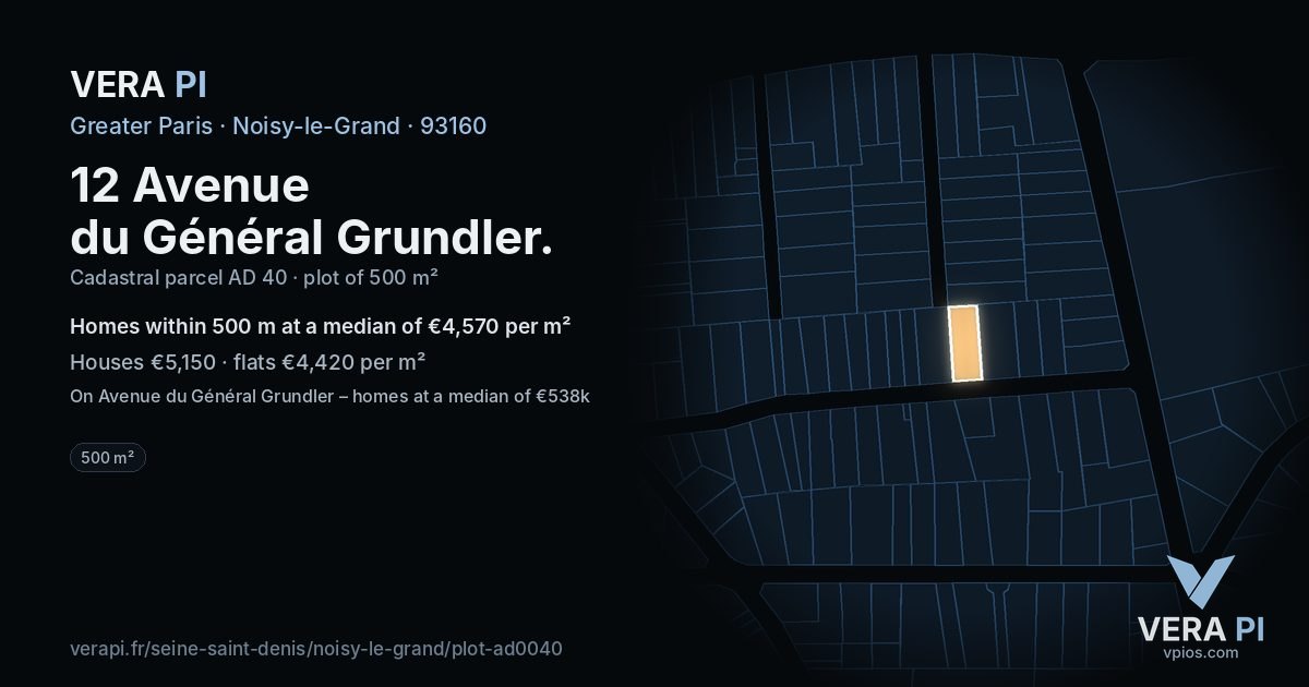 12 Avenue du Général Grundler, Noisy-le-Grand at night – the plot lit, the parcels around coloured by the prices near them