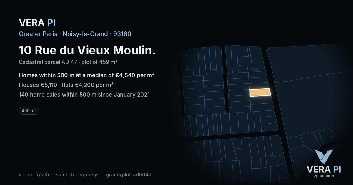10 Rue du Vieux Moulin, Noisy-le-Grand at night – the plot lit, the parcels around coloured by the prices near them