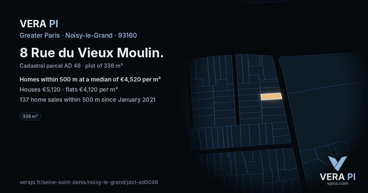 8 Rue du Vieux Moulin, Noisy-le-Grand at night – the plot lit, the parcels around coloured by the prices near them