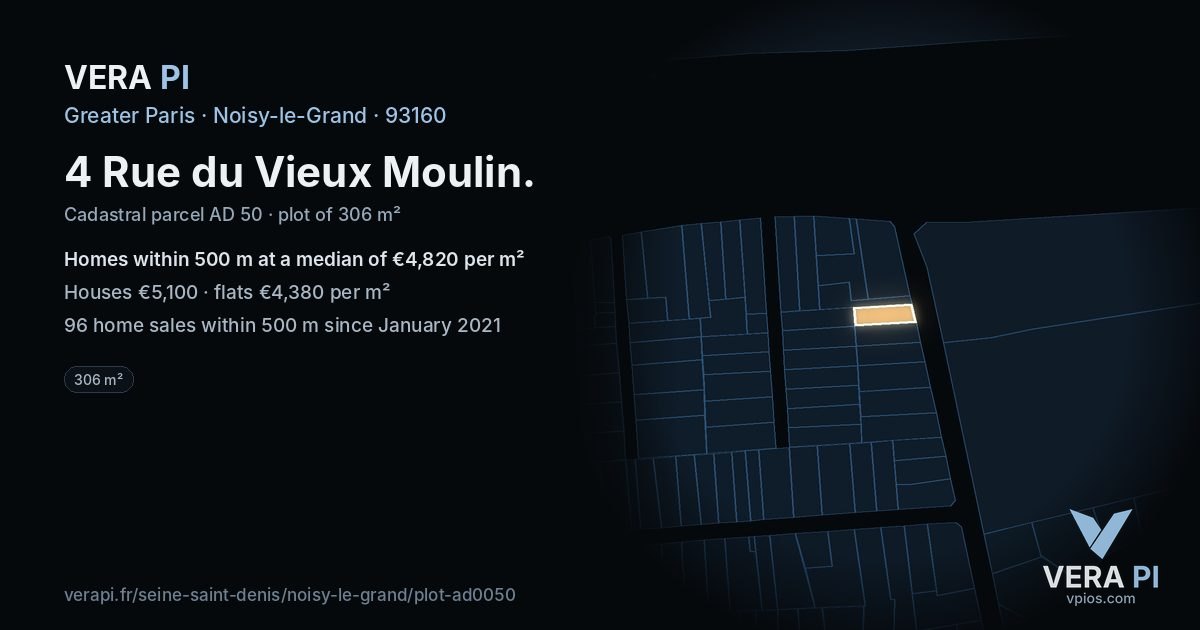 4 Rue du Vieux Moulin, Noisy-le-Grand at night – the plot lit, the parcels around coloured by the prices near them