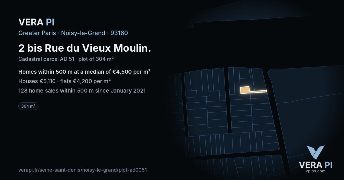 2 bis Rue du Vieux Moulin, Noisy-le-Grand at night – the plot lit, the parcels around coloured by the prices near them