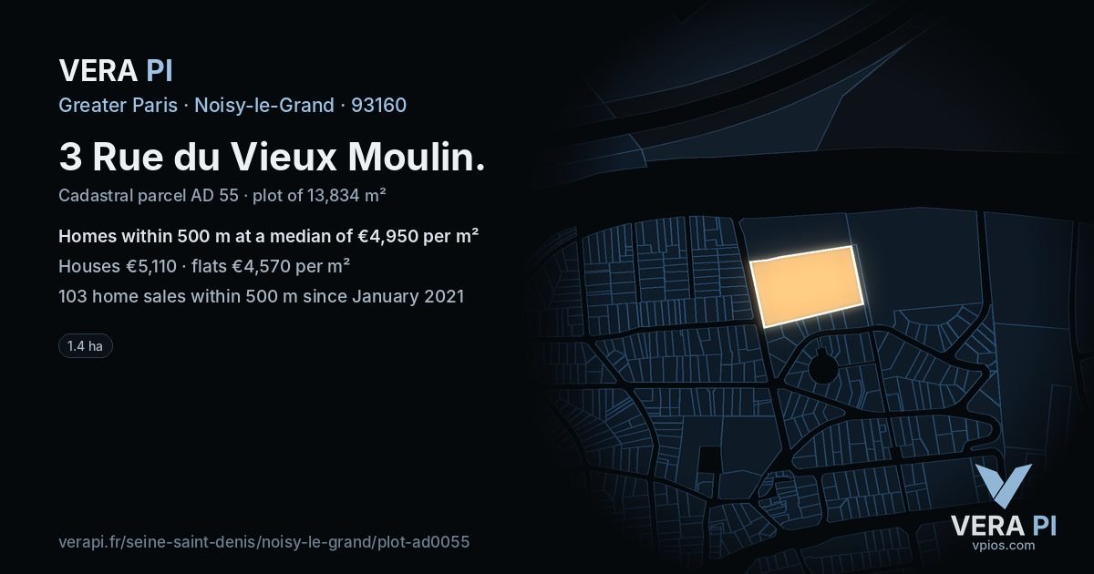 3 Rue du Vieux Moulin, Noisy-le-Grand at night – the plot lit, the parcels around coloured by the prices near them
