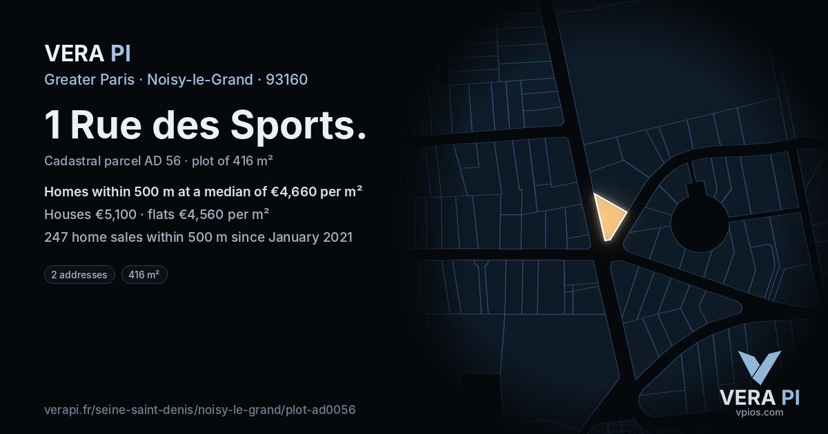 1 Rue des Sports, Noisy-le-Grand at night – the plot lit, the parcels around coloured by the prices near them